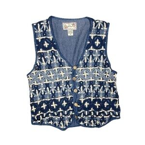 Vintage Denim Crochet Lace Vest Women’s M Boho Western Cowgirl Button Front